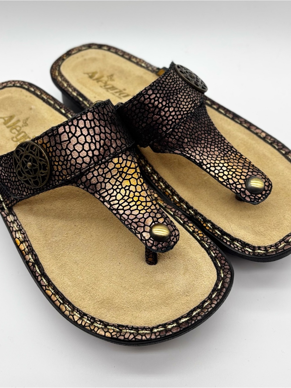 $109 ALEGRIA Sandal Sz 6.5-7 Carina Bronze Mosaic Metallic EU 37 Comfort Leather